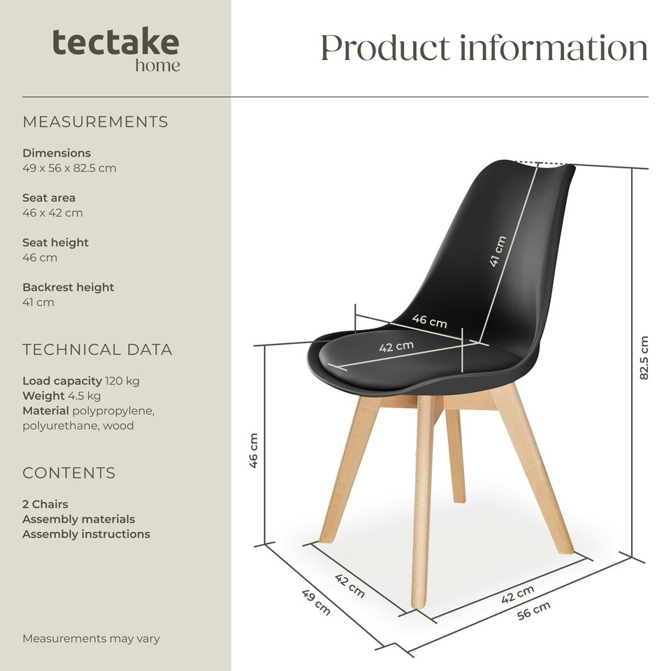 image 1 of Dining Chairs Frederikke - padded, ergonomic shape, wooden legs - Set of 2 Black