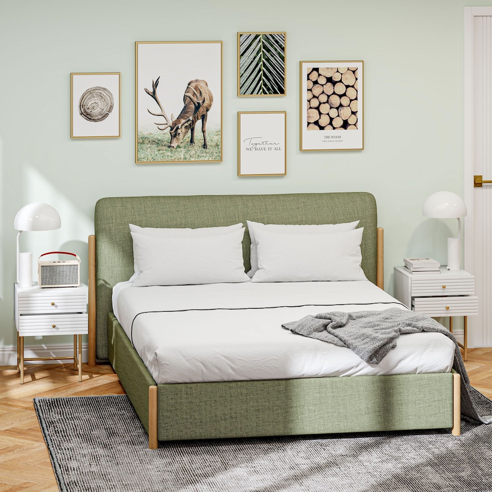 image 1 of HOMCOM Bedside Tables Set of 2, Bedside Cabinet with 2 Drawers, Gold Steel Legs, Modern Side Table with Striped Panel for Bedroom, Living Room, White