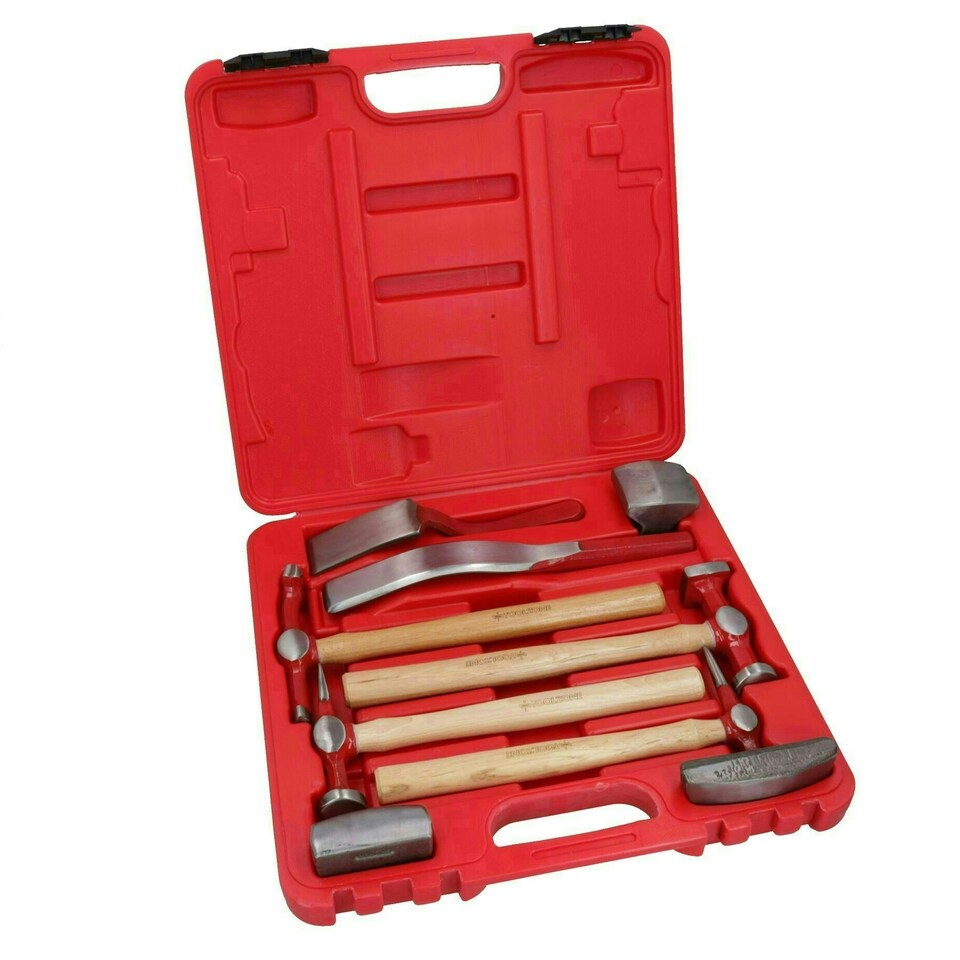 image 1 of 9pc Panel Beating Set Auto Body Dent Repair Kit Hickory Handle Hammers Dollies
