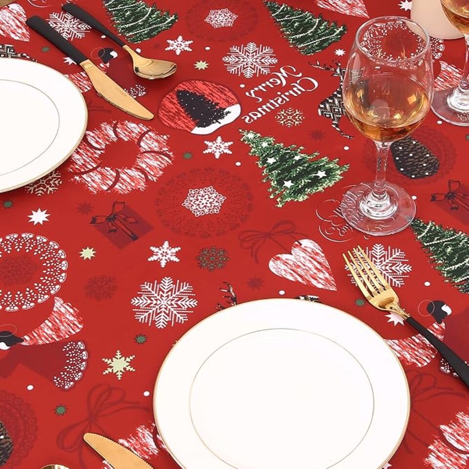 image 1 of London Boutique Red Christmas Tablecloth, Waterproof Polyester Table Cover with Reindeer Wreath Xmas Tree Print