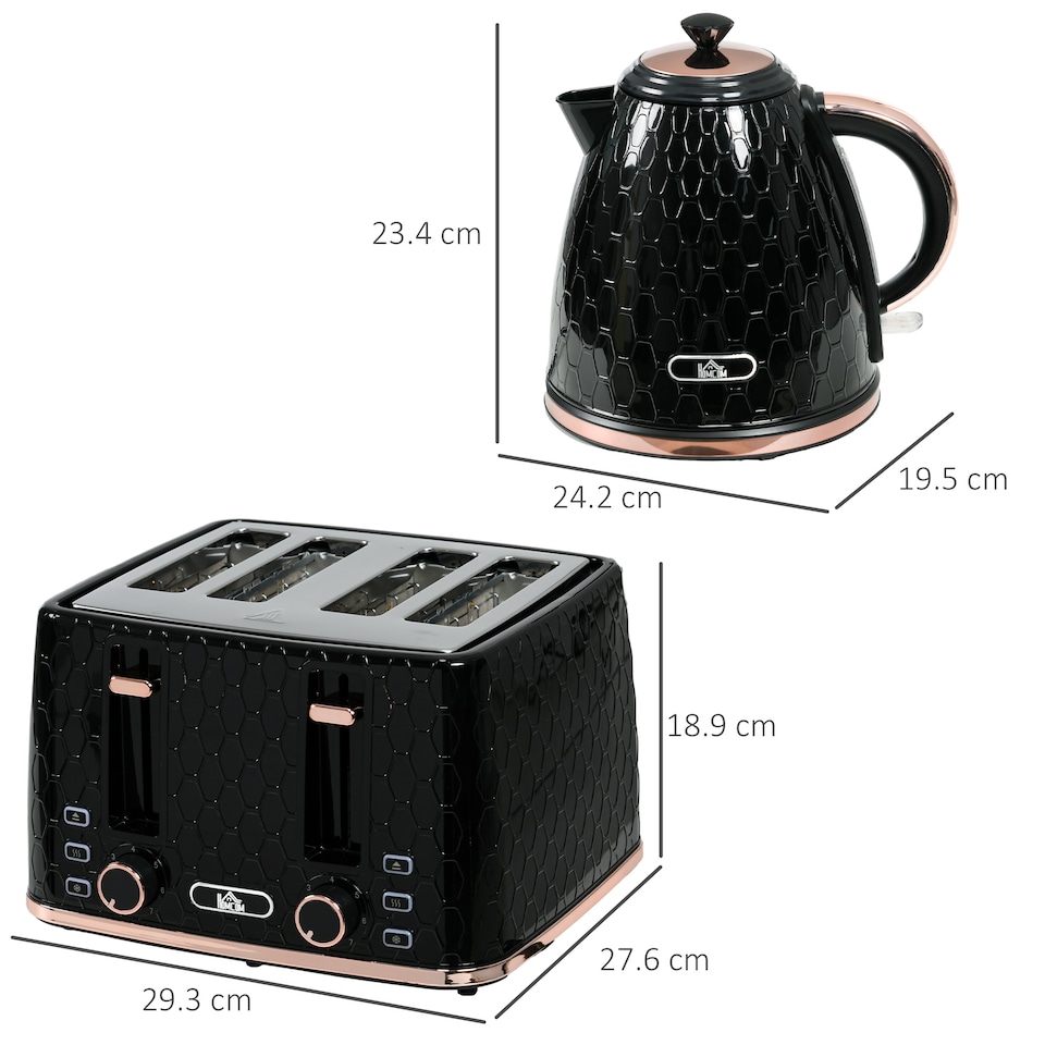 image 1 of HOMCOM Kettle and Toaster Set, 1.7L 3000W Auto Shut Off Fast Boil Jug Kettle, 4 Slice Toaster with 7 Level Browning Controls & Crumb Tray, UK Otter Thermostat, Black