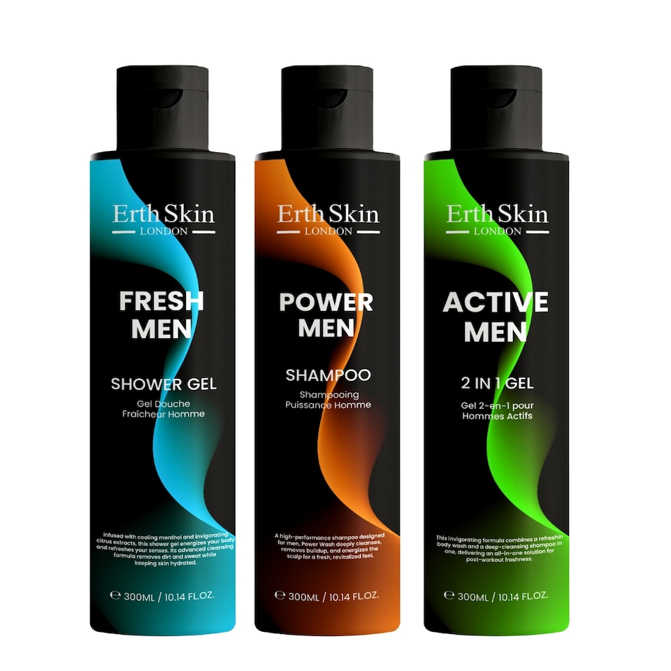 Erth Skin London Fresh Men Shower Gel 300ml + Power Men Shampoo 300ml + Active Men 2-in-1 Gel 300ml