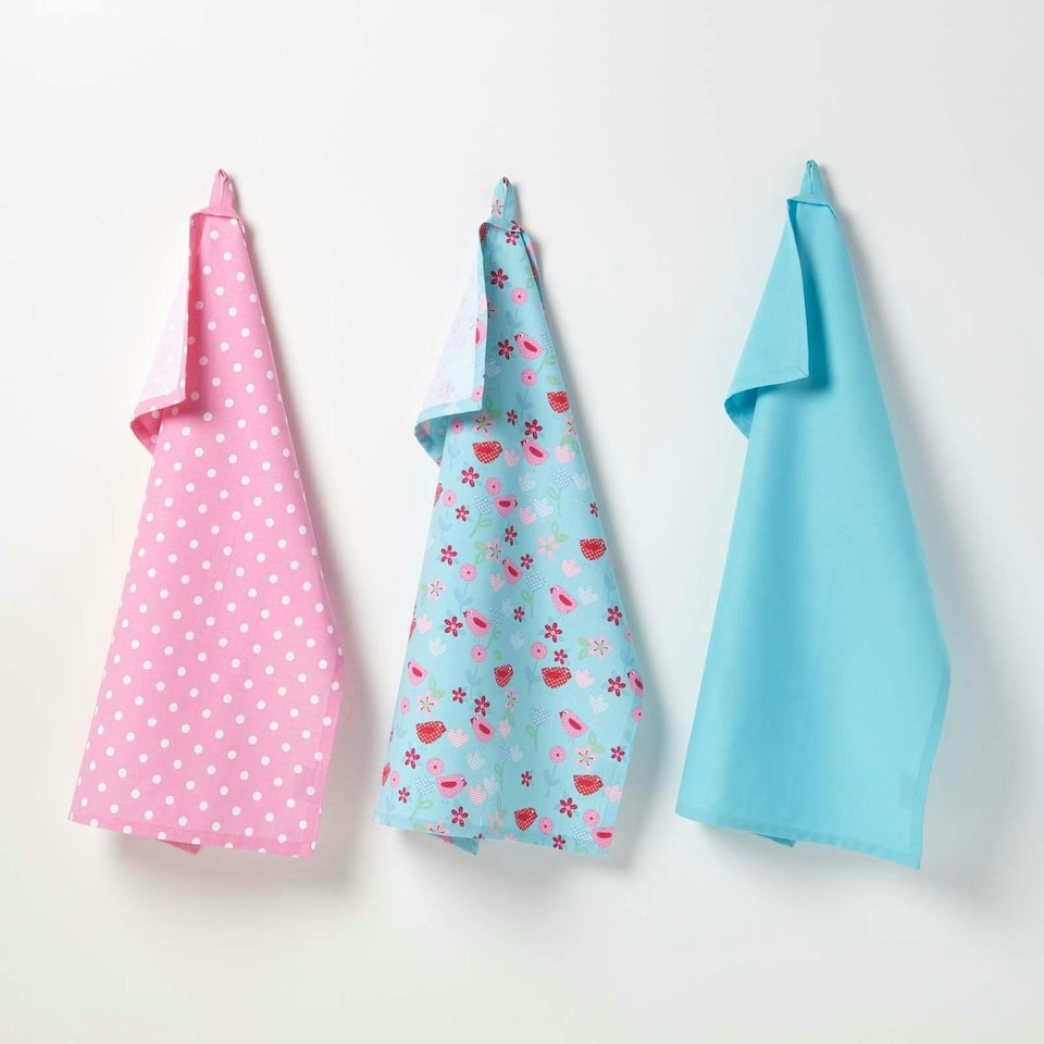 image 1 of Homescapes Cotton Birds and Flowers Pink Blue Tea Towels Set Of Three
