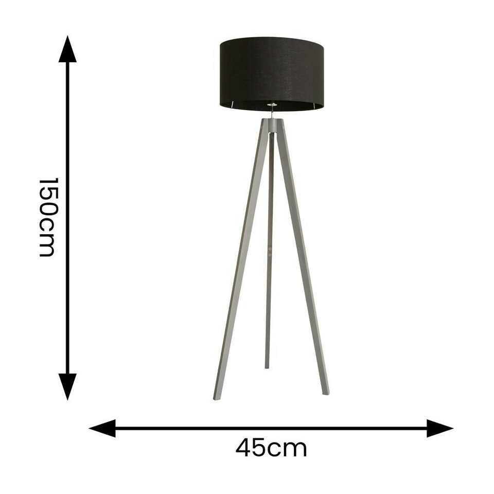 image 1 of ValueLights Jackson Grey Wood Tripod Floor Lamp with Black Fabric Lamp Shade