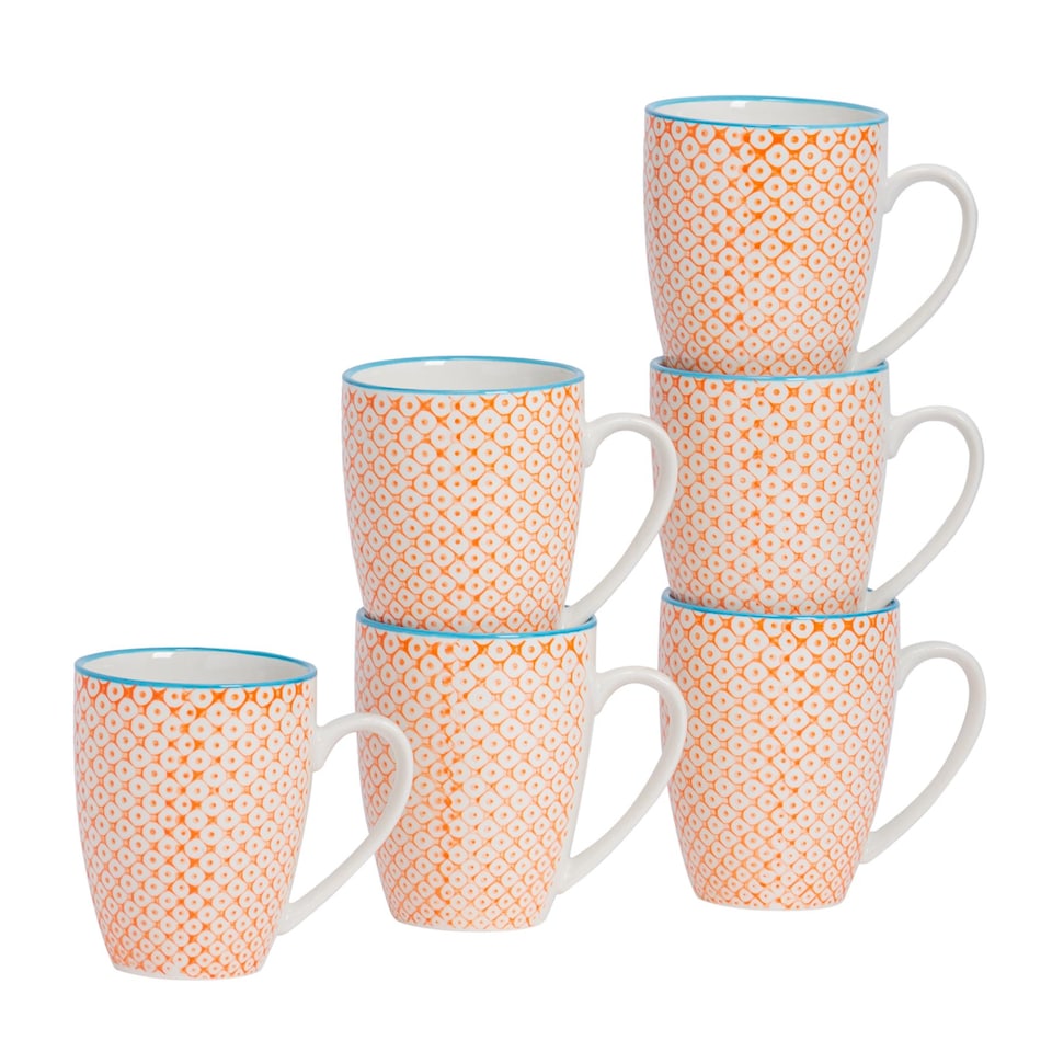 image 1 of Nicola Spring Nicola Spring Hand-Printed Mug - 330ml - Orange - Pack of 6 | Multi | Multi | 6