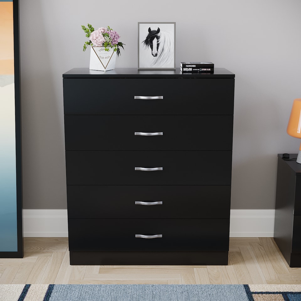 image 1 of Vida Designs Riano 5 Drawer Chest of Drawers Bedroom Storage, Black