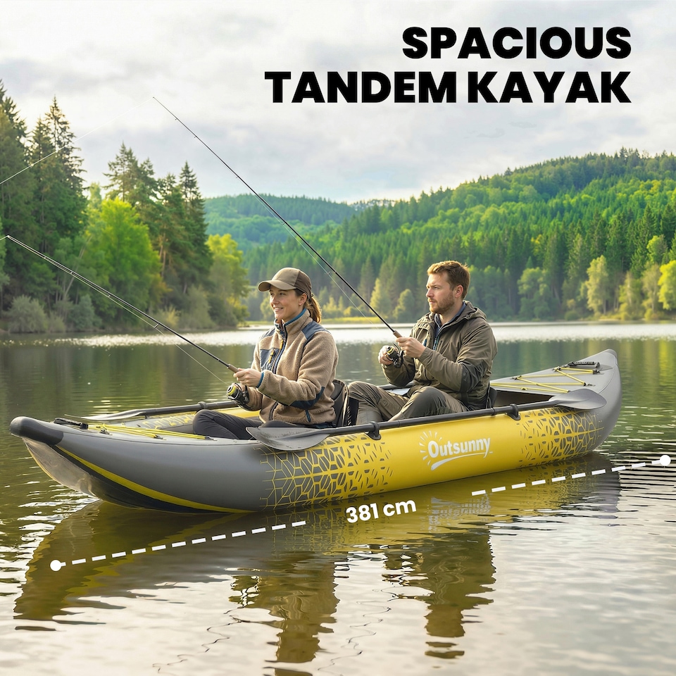 image 1 of Outsunny 2.5' Inflatable Kayak 2-person Sit on Canoe with Paddles | Grey | Yellow, Grey | 381 x 94 x 40 cm