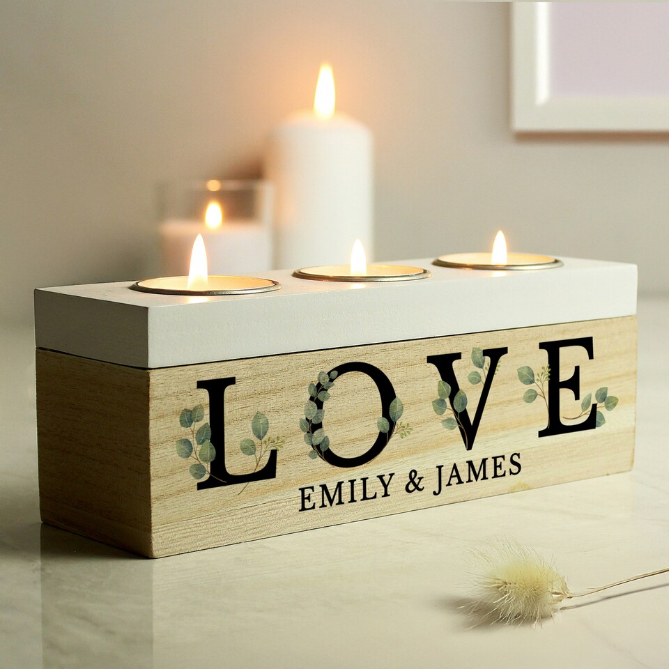 image 1 of Personalised Wedding Triple Tea Light Box Brown