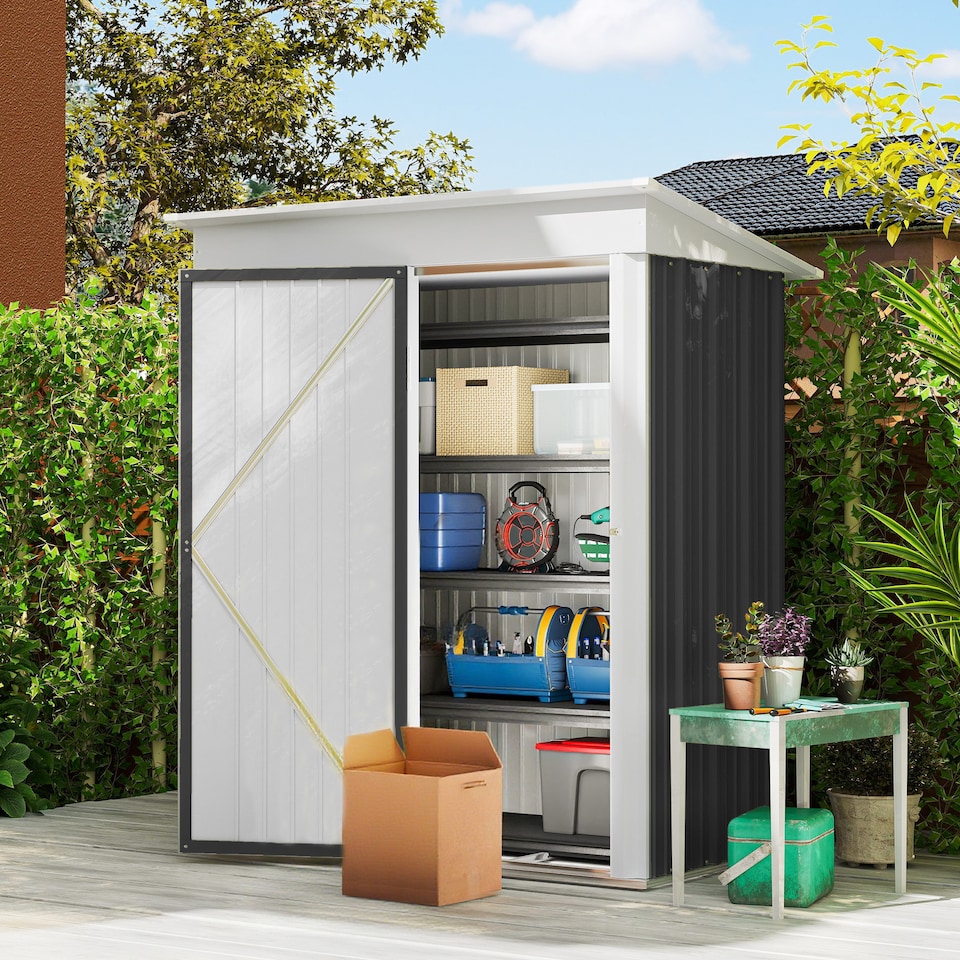 image 1 of Outsunny 5x3ft Garden Shed, Steel Small Shed, Outdoor Leanto Shed with Adjustable Shelf, Lock and Gloves for Patio, Garden, Dark Grey with Foundation Kit