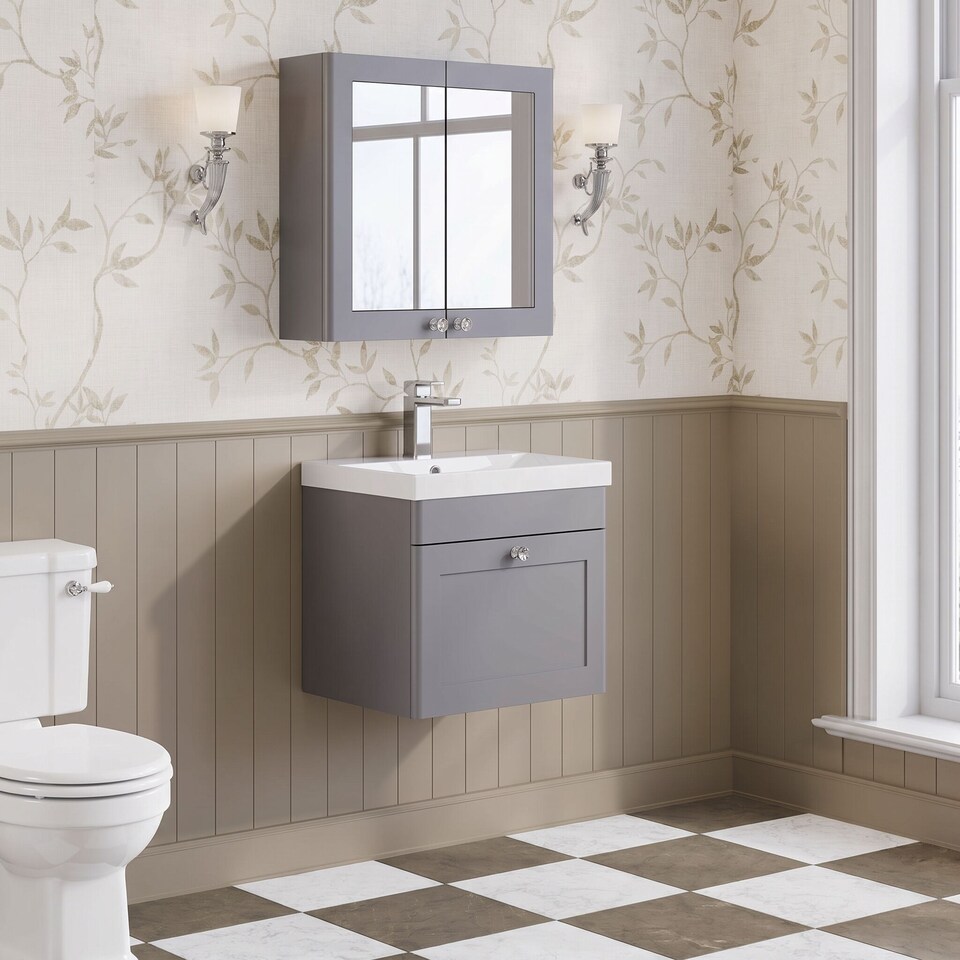 image 1 of Balterley Swynnerton Traditional 1 Drawer Wall Hung Vanity Unit with Thin Edge Basin, Satin Grey, 500mm
