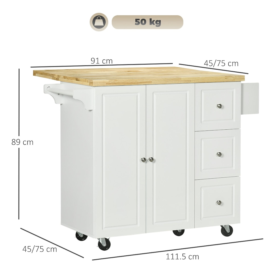 image 1 of HOMCOM Drop-Leaf Kitchen Island on Wheels Utility Storage Cart with Drawers