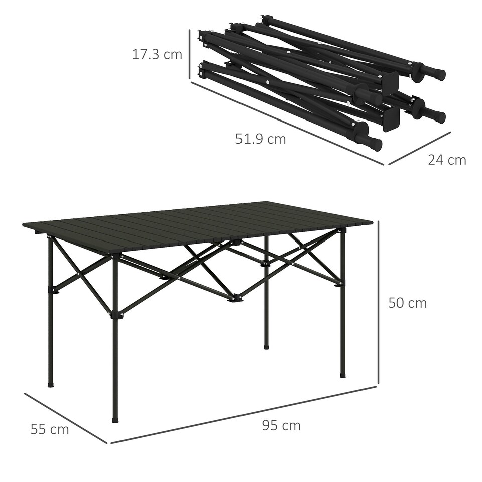 image 1 of Outsunny Portable Folding Camping Table w/ Roll Up Aluminium Top Carry Bag Black