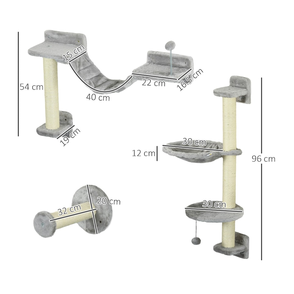 image 1 of PawHut 4Pcs Wall Mounted Cat Shelves with Hammock, Scratching Post, Grey