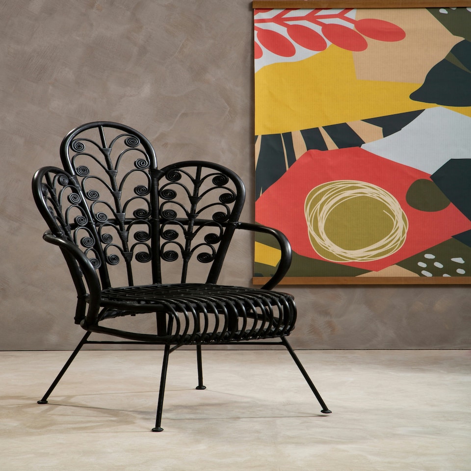 image 1 of Interiors by Premier Black Natural Rattan Scalloped Back Chair, High Back Rattan Lounge Chair, Outdoor Rattan Chair for Garden Black