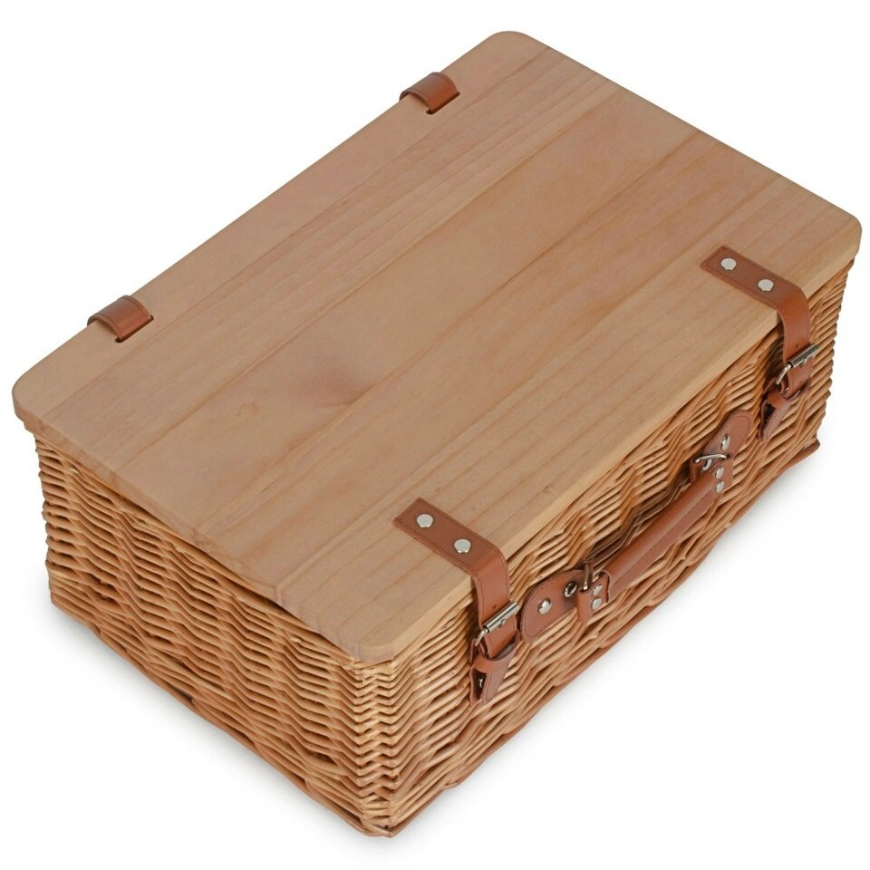 image 1 of Double Steamed Empty Picnic Basket with Pinewood Lid | Brown | M