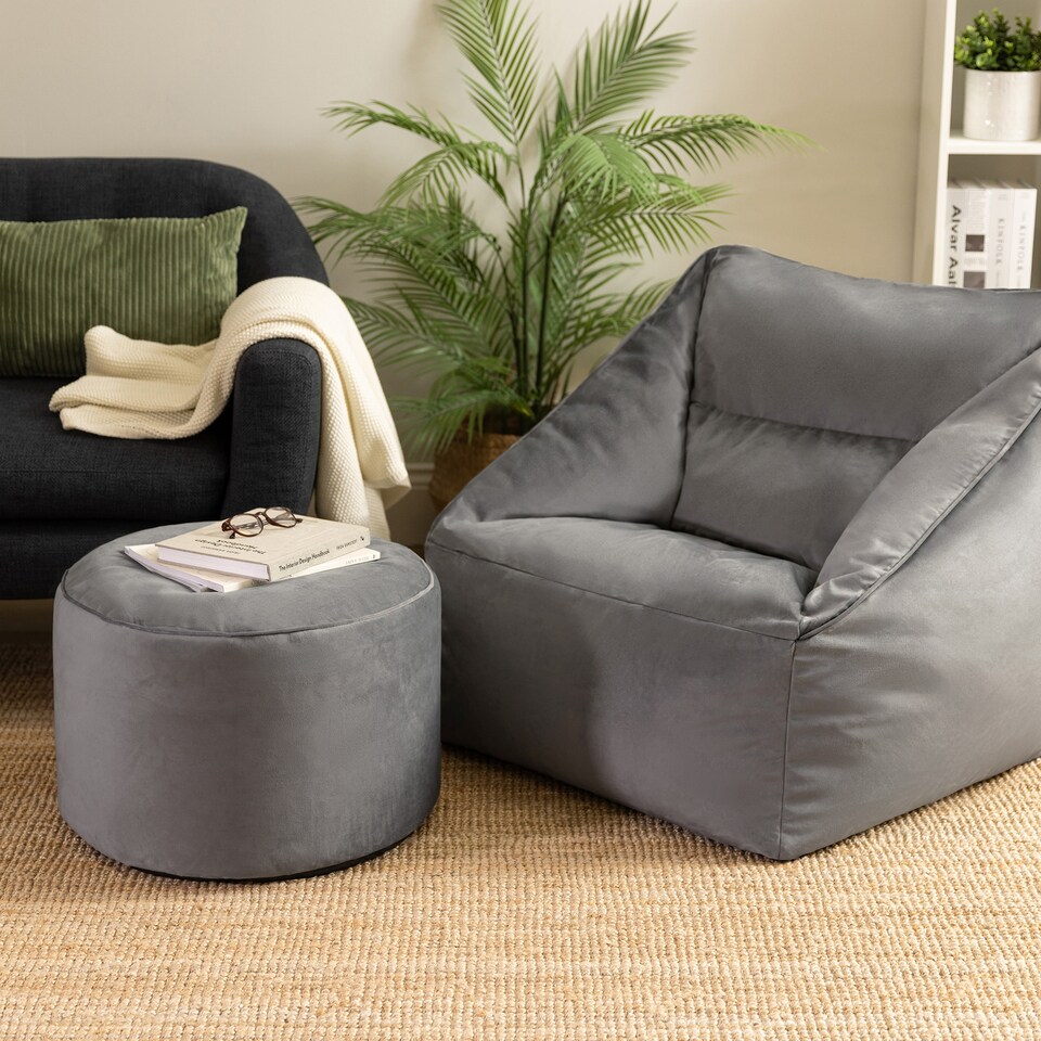 image 1 of icon Natalia  Velvet Armchair and Milano Round Footstool Bean Bag, Charcoal