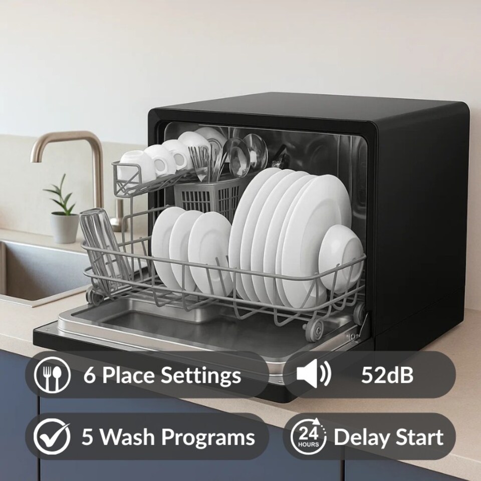 image 1 of HYE 55cm Table Top 6 Place Settings Dishwasher - Black - DW016TTB25