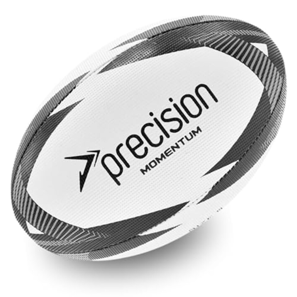 image 1 of Precision Momentum Rugby Training Ball, Premium Rubber, Hand-Stitched, All-Weather Grip, Extra Strong, Ideal For Clubs And Schools, White|Black|Grey, Size 3