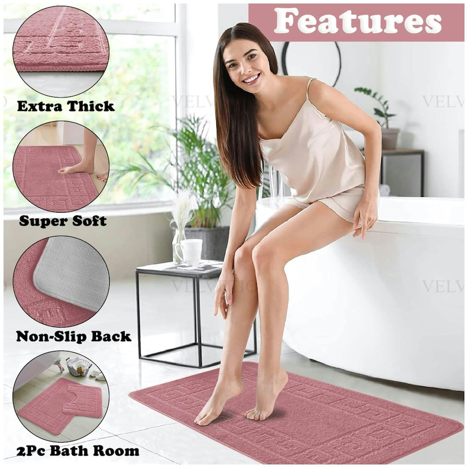 image 1 of VELVETIO Greek Bath Mat & Pedestal Mat Water Absorbent Non Slip Toilet Rugs Pink | Dusty Pink