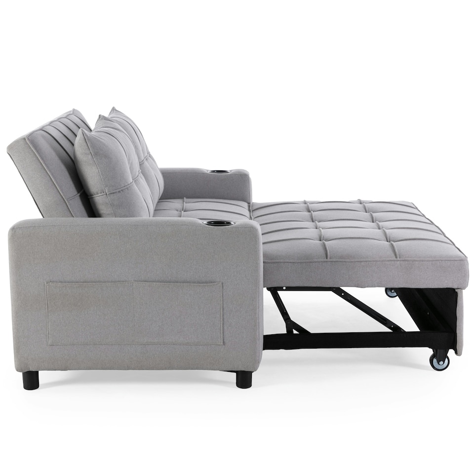 image 1 of Hudson 2-Seater Sofa Bed Linen Fabric with Cup Holders (Light Grey)