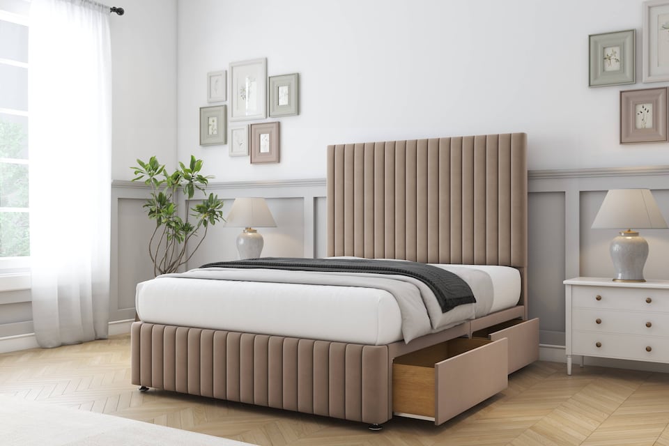 image 1 of Sloomy Madison Mink Plush Divan Bed With Mattress 2 Drawers Footend With 26" Strutted Headboard & 12" Matching Footboard 5' King | Brown | Mink | King | 1