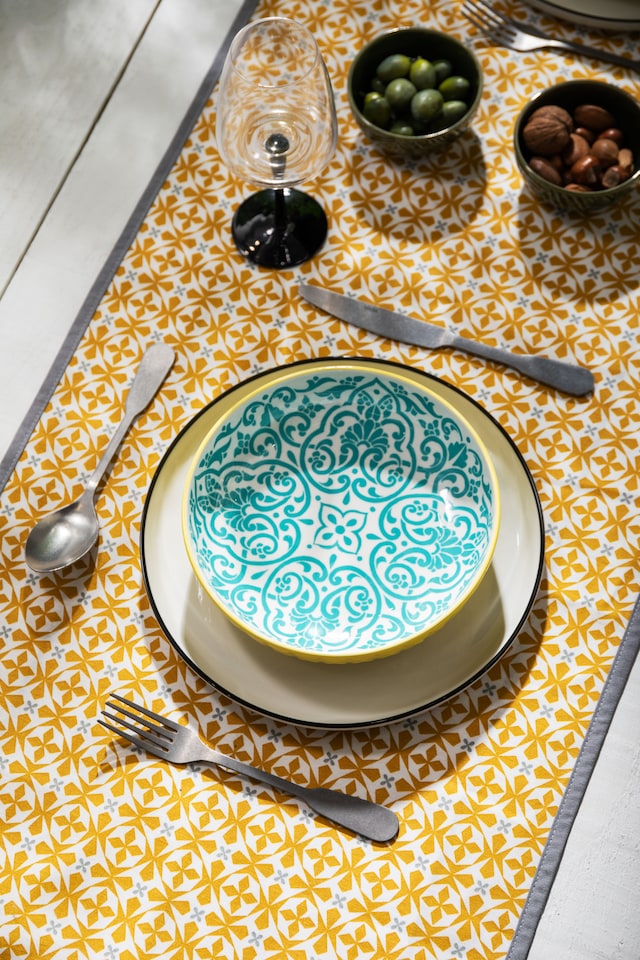 image 1 of Mikasa Set of 4 Yellow and Blue Geometric Stoneware Pasta Bowls