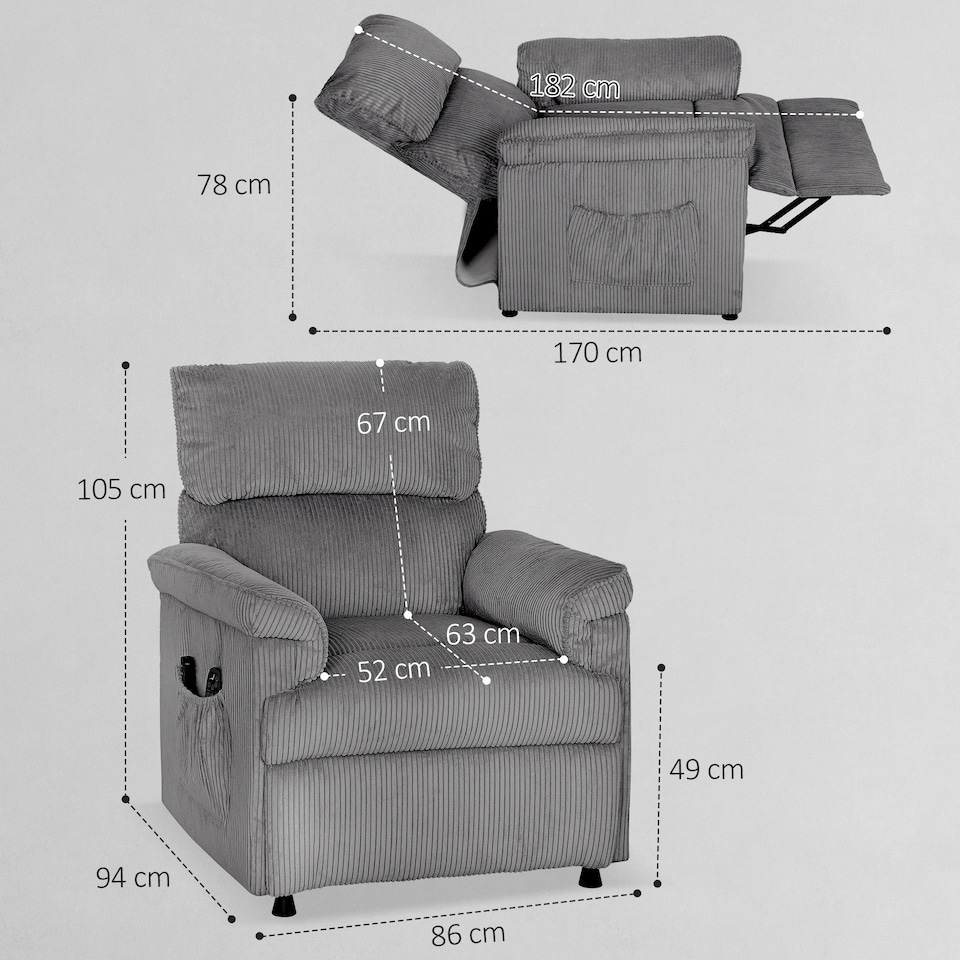 image 1 of HOMCOM Massage Recliner with Quiet Motor, Power Reclining Chair, Grey | Grey