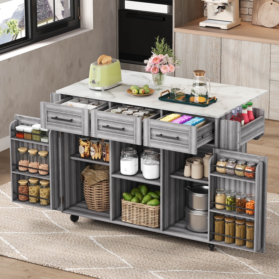 image 1 of VILUXE Mobile Kitchen Island with Foldable Marble-Effect Worktop, 3 Drawers, Adjustable Storage, Towel Holder, Wheels and Solid Wood Feet, Grey