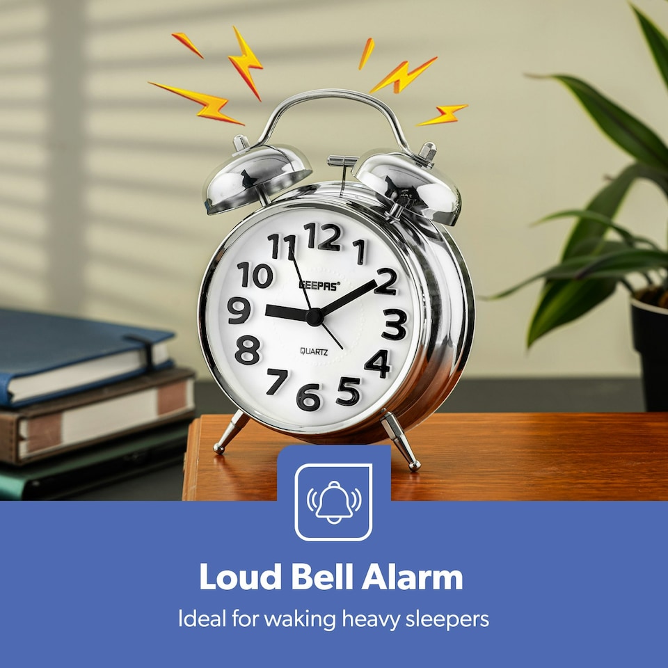 image 1 of GEEPAS Twin Bell Alarm Clock - Portable - White White