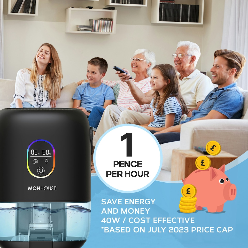 image 1 of MONHOUSE Premium Dehumidifer - 1L - Ultra Quiet Electric Moisture Absorber -  Touch Screen, Auto Shut Off, Humidity & Temperature Indicator | Black | 1