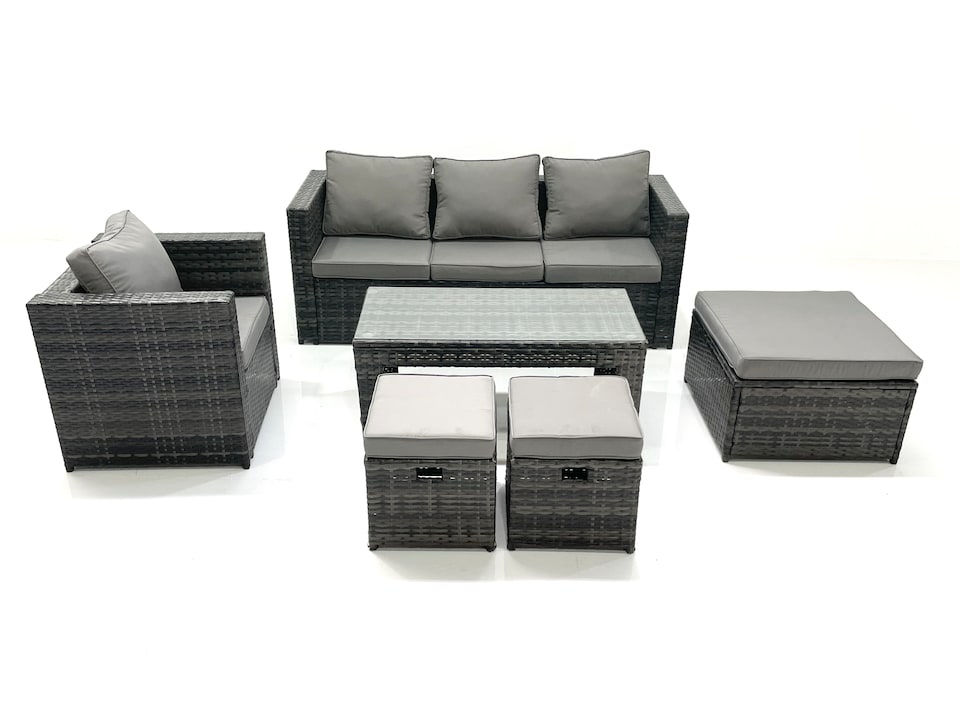 image 1 of Fimous Rattan Garden Furniture Set Outdoor Lounger Sofa with Coffee Table Armchair 3 Footstools Dark Grey Mixed