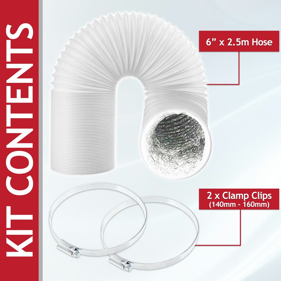image 1 of SPARES2GO Universal Air Con Vent Hose 6" x 2.5m PVC Aluminium Foil Insulated Portable Air Conditioner Duct Outlet Pipe + Clips White