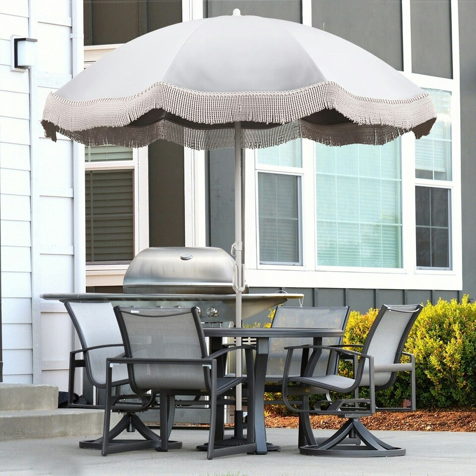 image 1 of COSTWAY 180 cm Outdoor Fringe Patio Parasol Sunshade Umbrella Cream