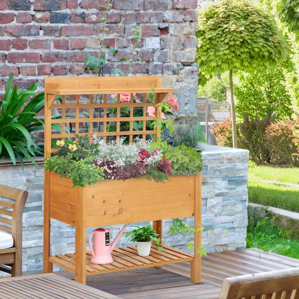 image 1 of Outsunny Wooden Planter Raised Elevated Garden Bed w/ 2 Shelves, 105x40x135cm