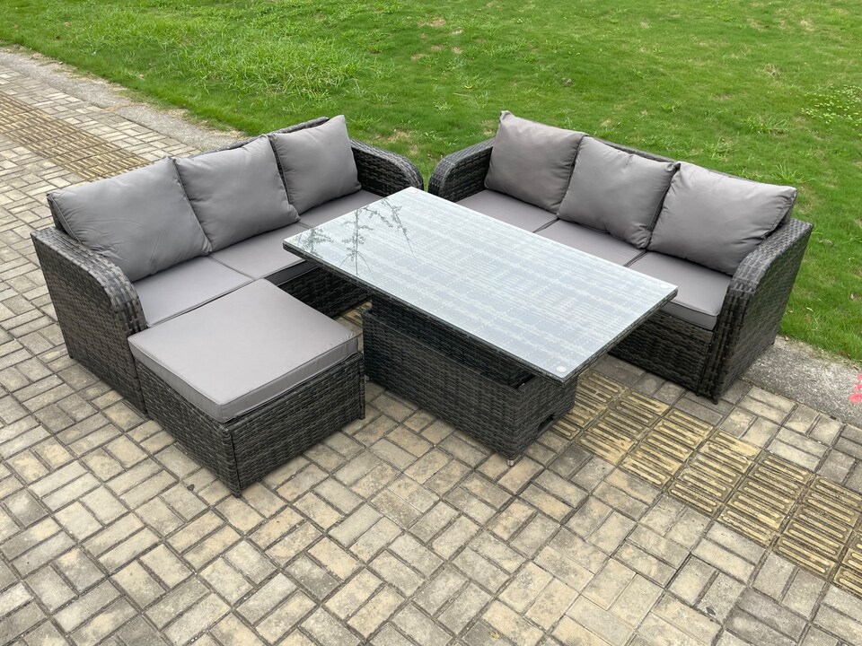 image 1 of Fimous Outdoor Rattan Garden Furniture Sets Height Adjustable Rising lifting Dining Table Sofa Set with Big Footstool Dark Grey Mixed