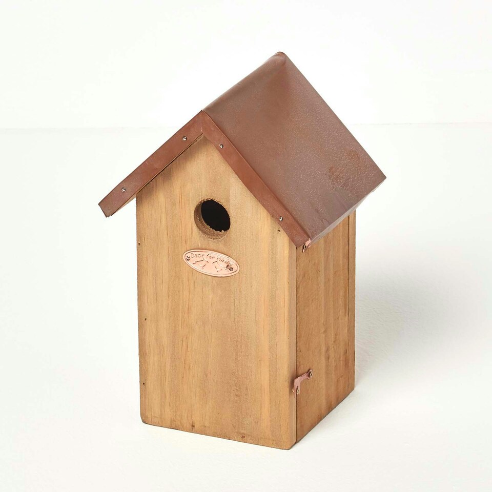 image 1 of Homescapes Wooden Blue Tit Bird Box House with Copper Roof Brown