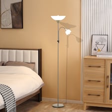 HOMCOM LED Floor Lamp for Living Room, 180cm Tall Standing Lamp, Mother and Child Uplighter with Adjustable Gooseneck, Silver Tone