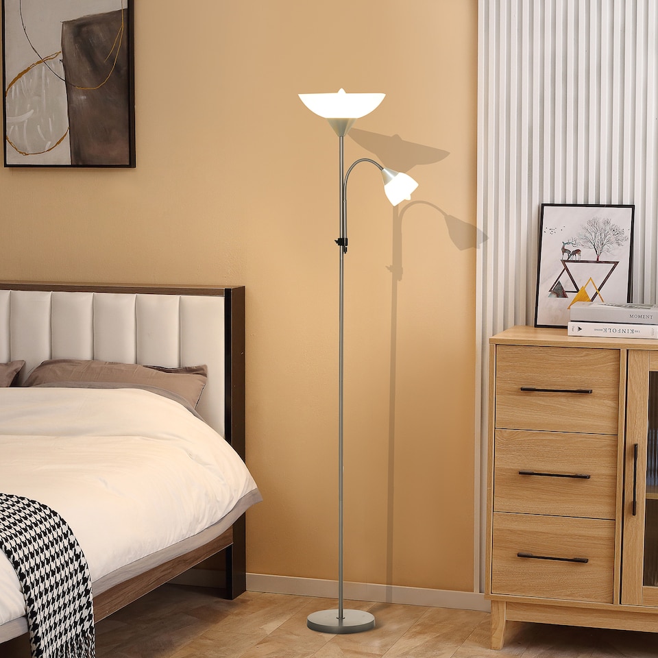 image 1 of HOMCOM LED Floor Lamp for Living Room, 180cm Tall Standing Lamp, Mother and Child Uplighter with Adjustable Gooseneck, Silver Tone