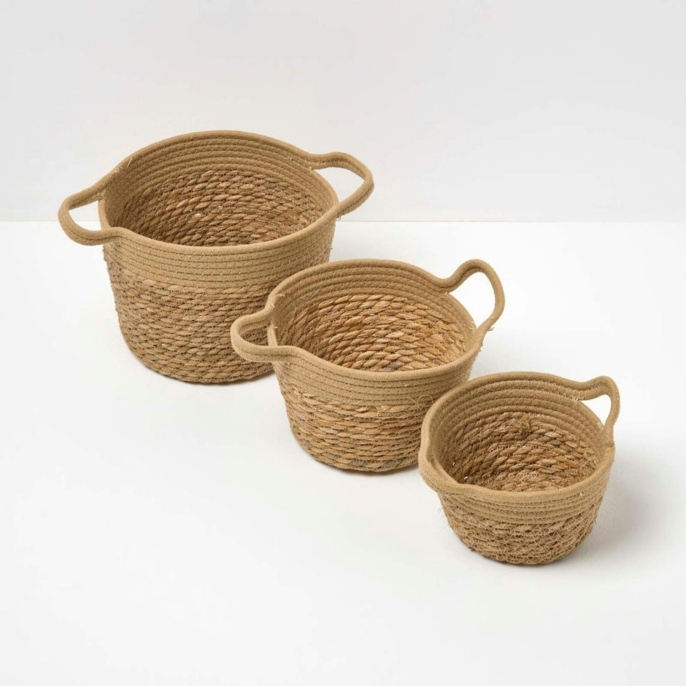 image 1 of Homescapes Set of 3 Woven Storage Baskets, Natural Grass and Rope Cream