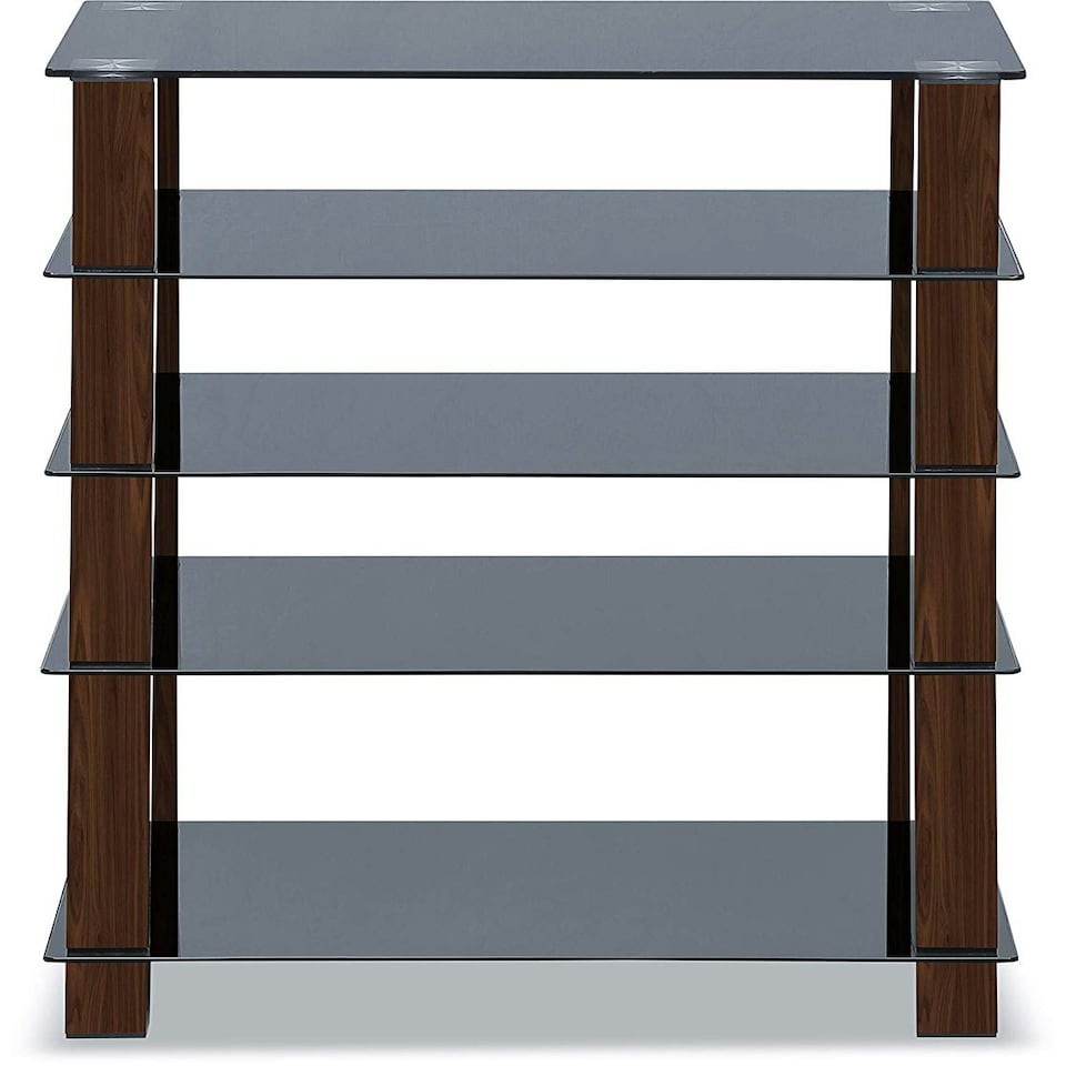 image 1 of Centurion Supports TRINITY Gloss Black 5 Shelf with Walnut Legs Flat Screen TV Rack Glass Stand | Multi | 1