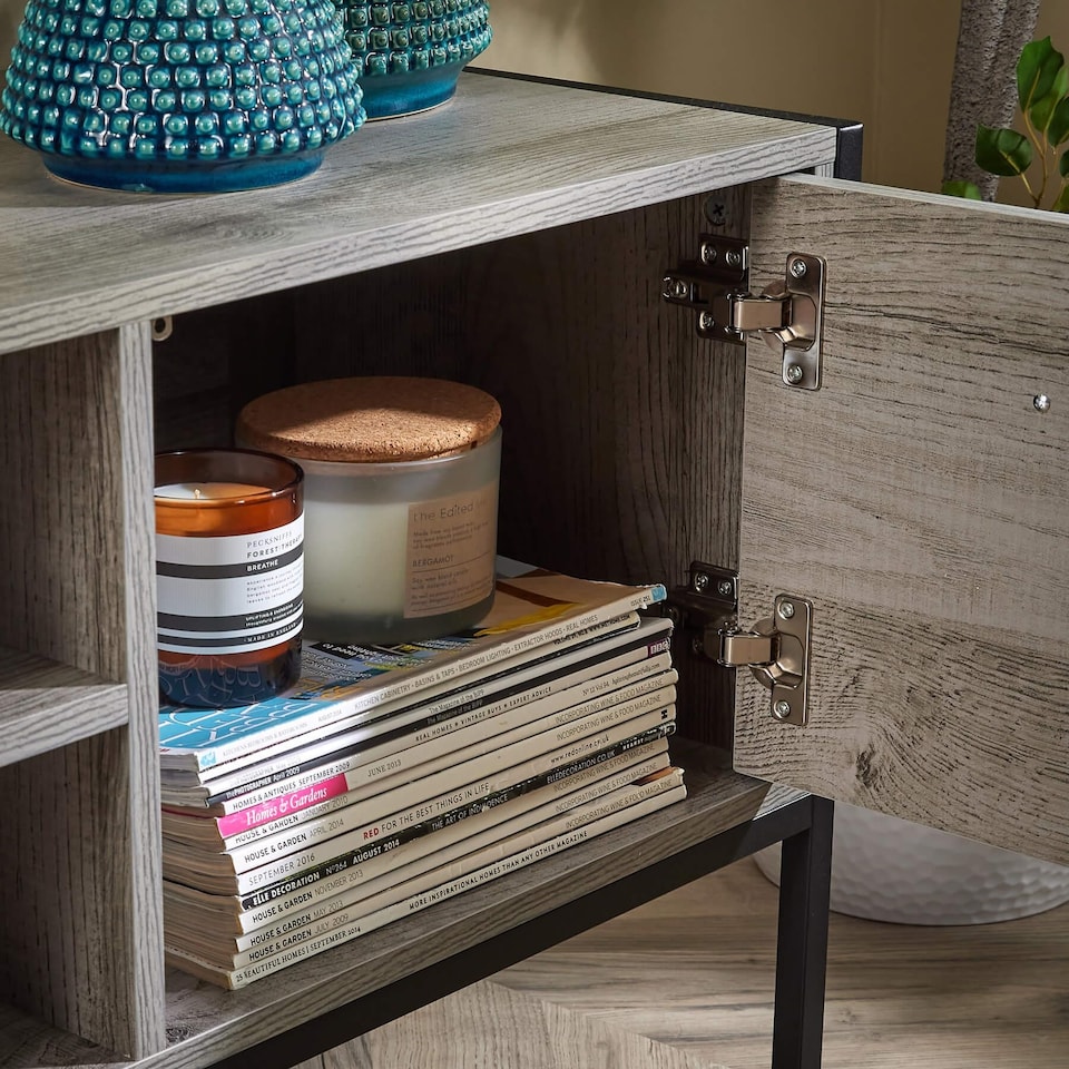 image 1 of TV Unit Media Stand Storage Cabinet Modern Oak Finish Cupboard and Shelf Storage | Grey