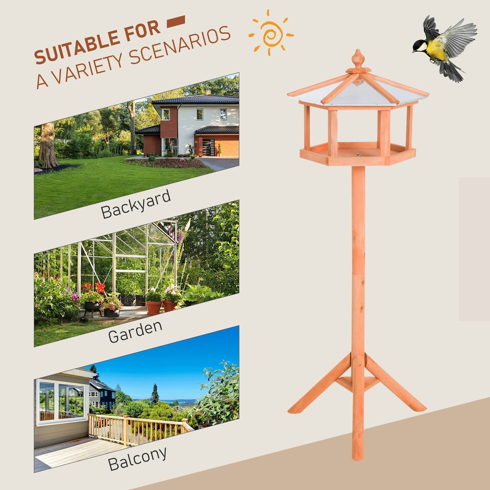 image 1 of PawHut Wooden Bird Table Free Standing Feeder Garden and Backyard Station