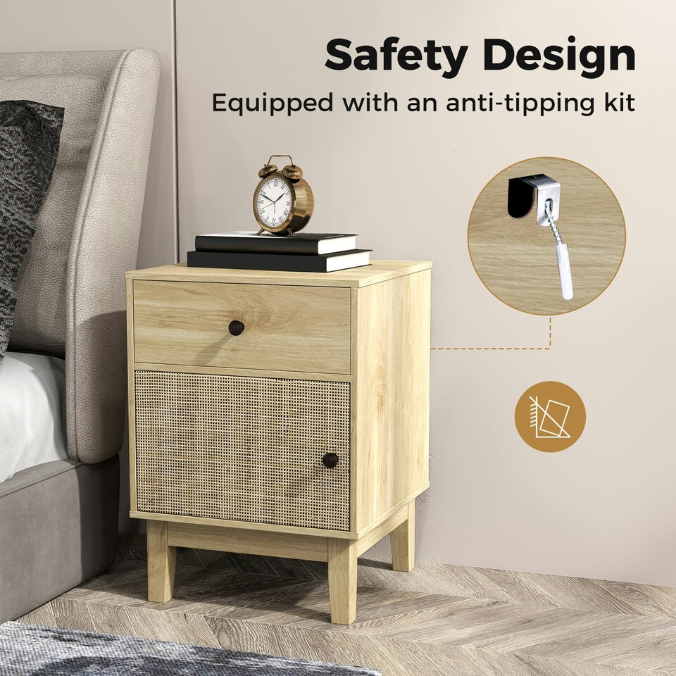 image 1 of COSTWAY Rattan Nightstand Mid Bedside Table Natural Brown