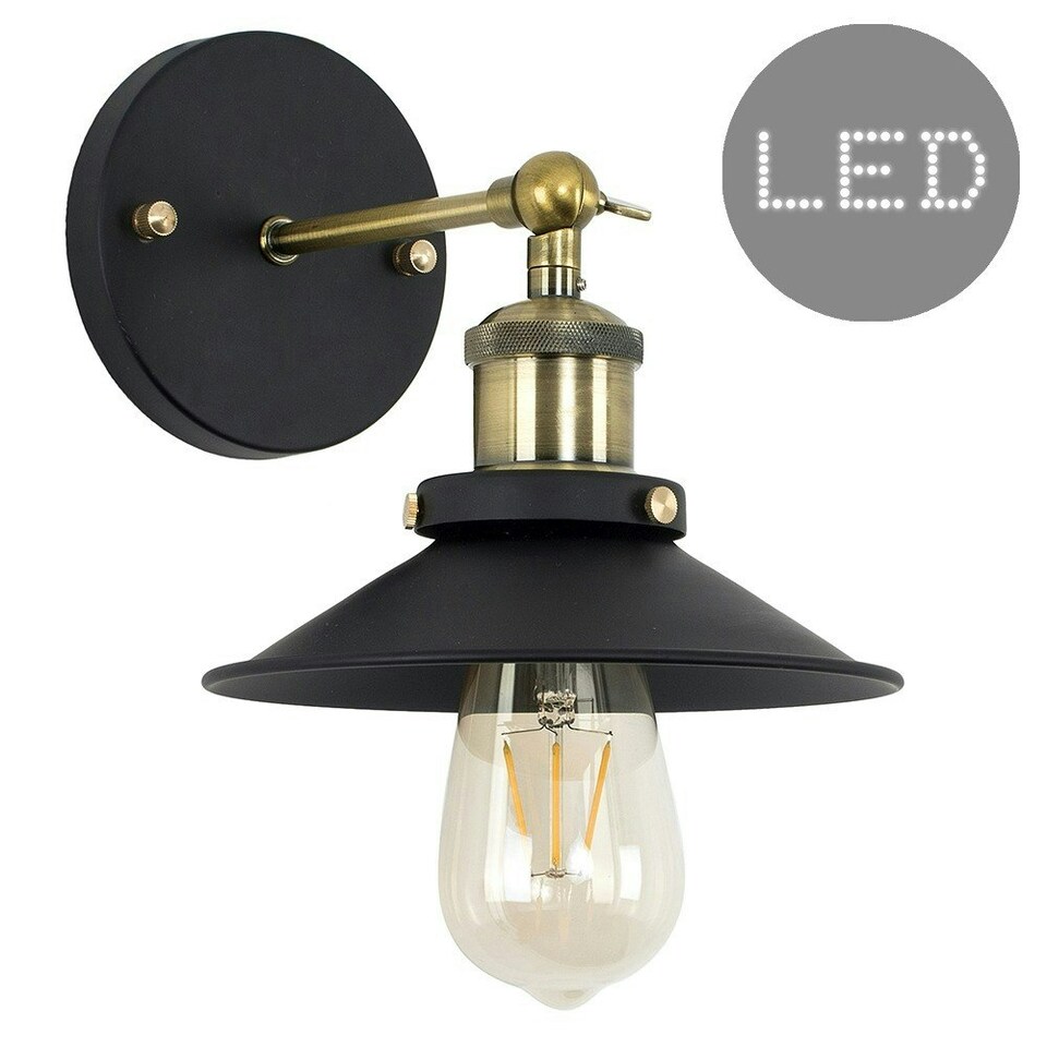 image 1 of ValueLights Industrial Steampunk Style Black and Antique Brass Single Wall Light with a Tapered Shade - Complete with 4w LED Filament Bulb 2700K Warm White