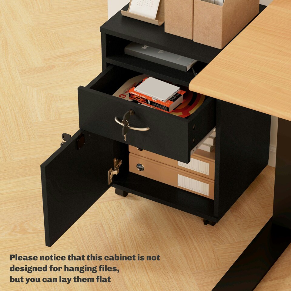 image 1 of HOMCOM 60cm Filing Cabinet with Drawers and Open Shelf, Black