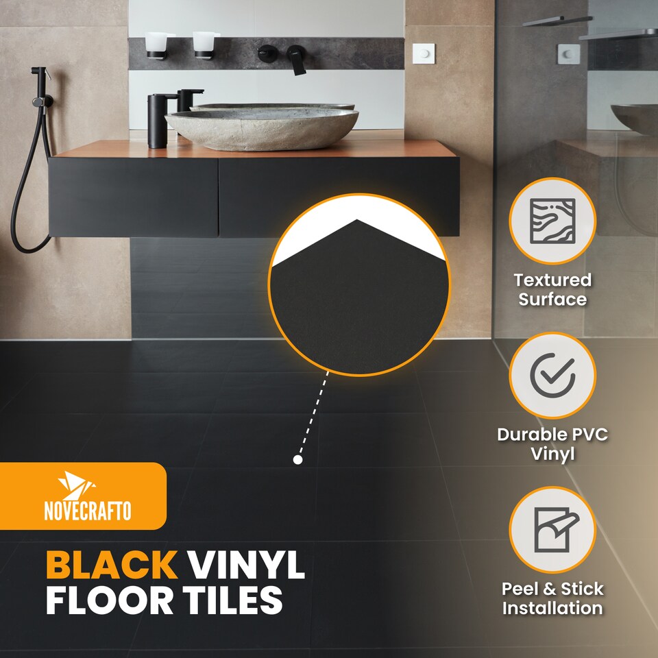 image 1 of NOVECRAFTO Vinyl Floor Tile – Self Adhesive 12x12 in – Black Checkerboard – Peel & Stick for Kitchen, Bathroom & Living Room – Waterproof & Easy DIY | Black | 2.79 sqm