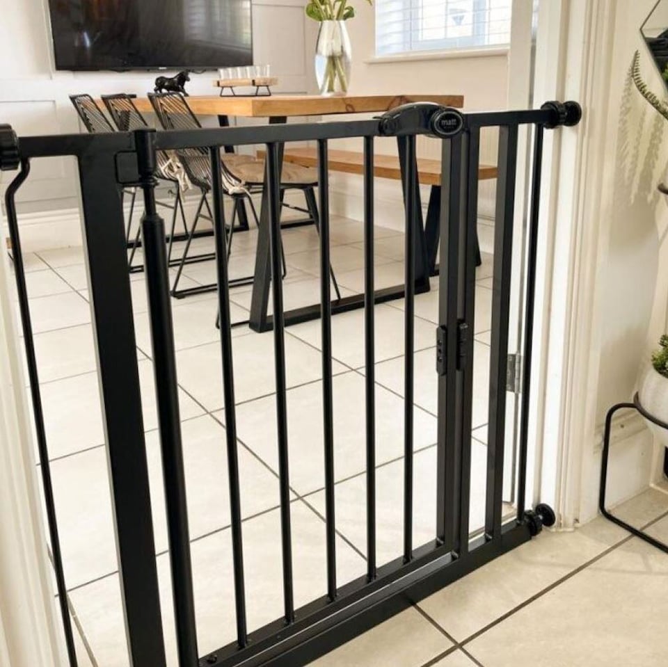 image 1 of Safetots Pressure Fit Self Closing Stair Gate, 111cm - 118cm, Matt Black, Auto Closing Baby Gate, Safety Barrier for Toddler, Easy Installation