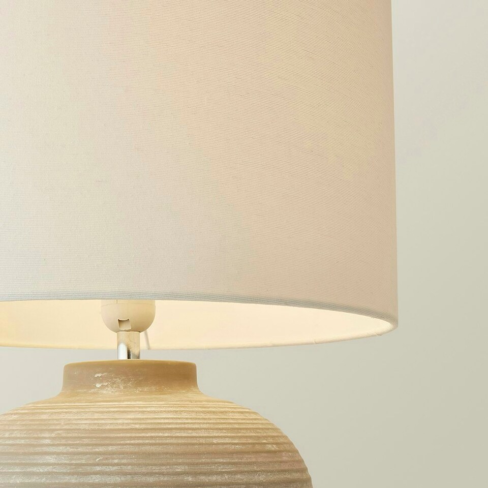 image 1 of ValueLights Reid Linen Drum Lamp Shade Stone Grey Ribbed Ceramic Large Table Lamp Grey