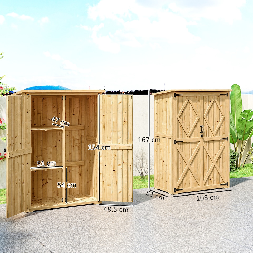 image 1 of Outsunny Wooden Garden Storage Shed, Tool Storage Cabinet with Asphalt Roof and 2 Shelves for Garden Tools, Equipment, Outdoor Tool Shed with Double Doors, Natural