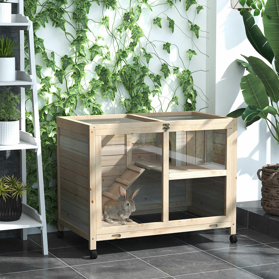 image 1 of PawHut Rabbit Hutch, Bunny Cage 2 Layers with Wheels & Open Roof, Natural